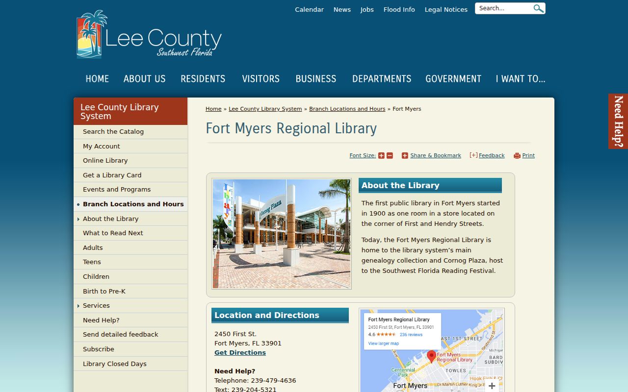Fort Myers Regional Library branch and genealogy collection information