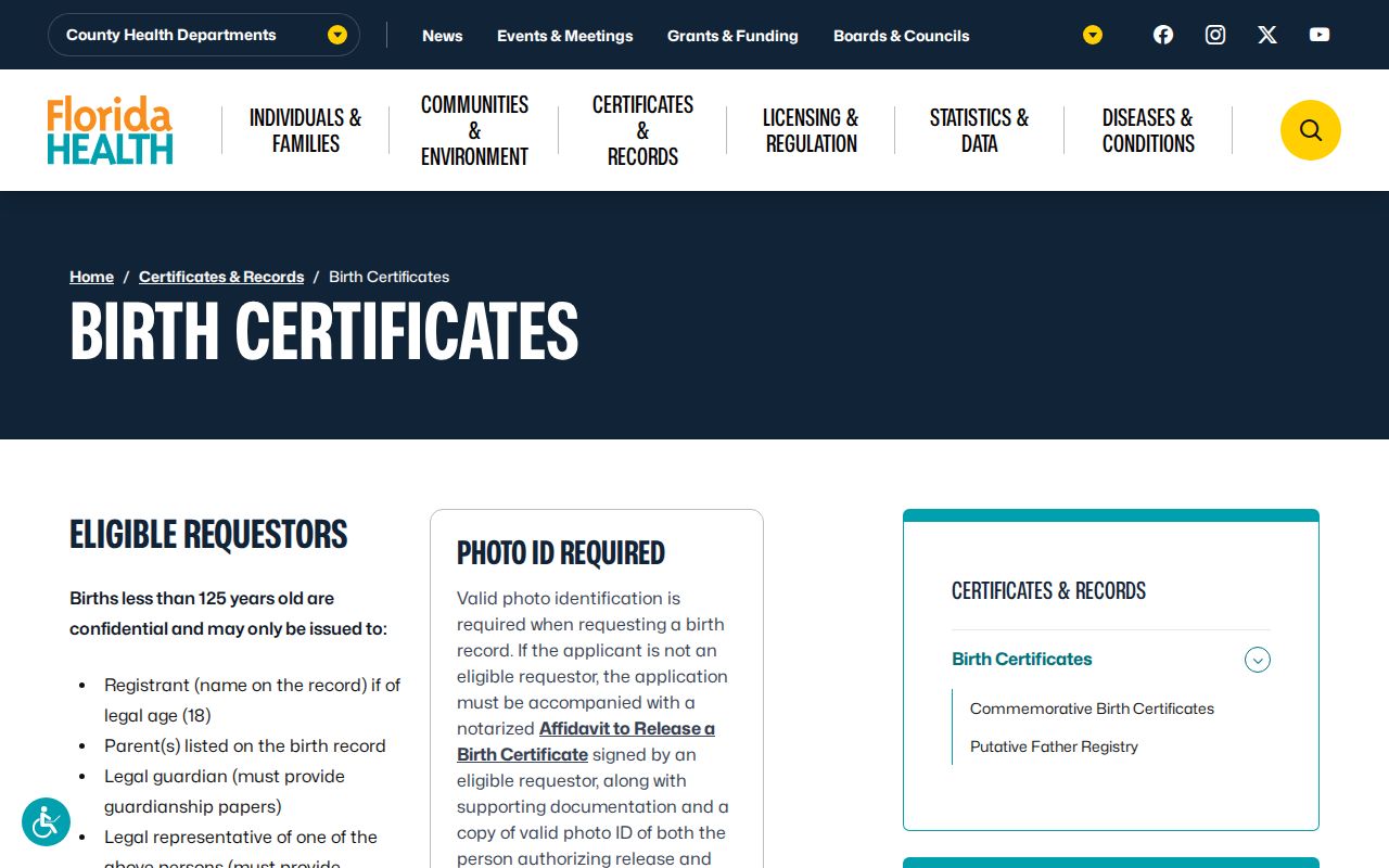 Florida birth certificate access page showing eligibility and application choices