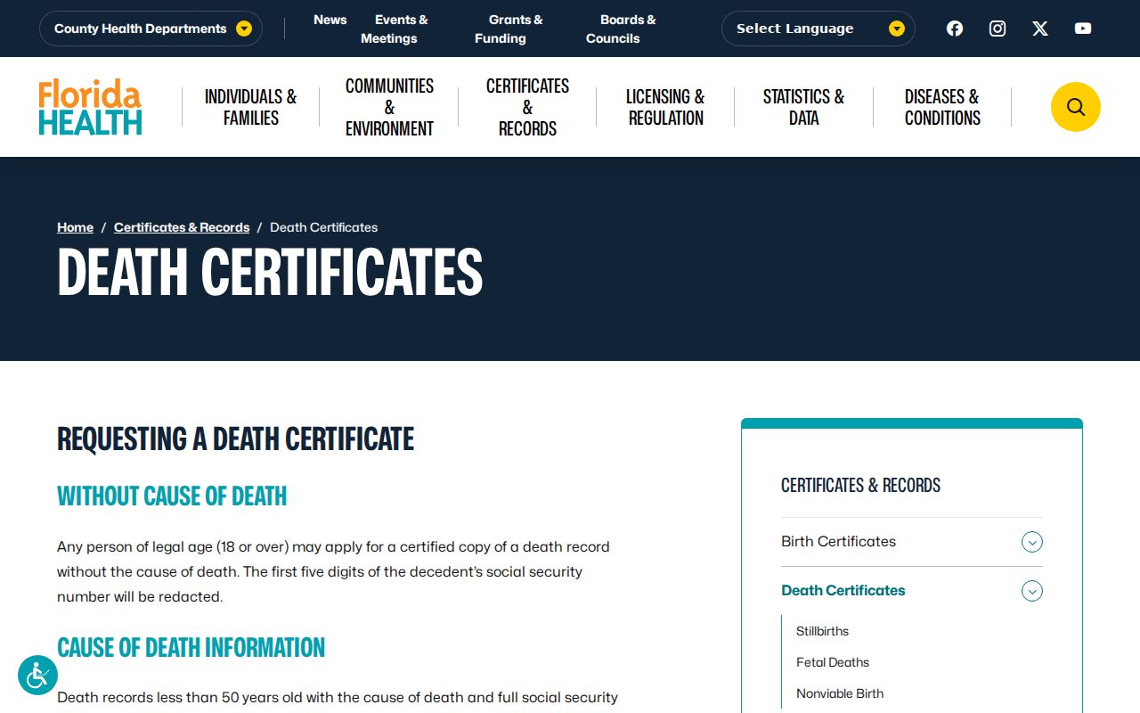 Florida death certificate page explaining cause-of-death access limits