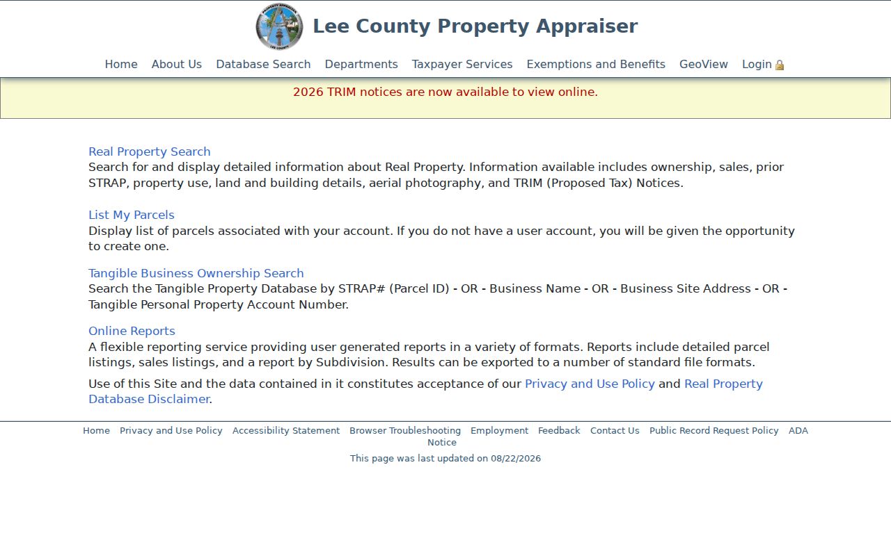 Lee County Property Appraiser database search options for a Fort Myers address
