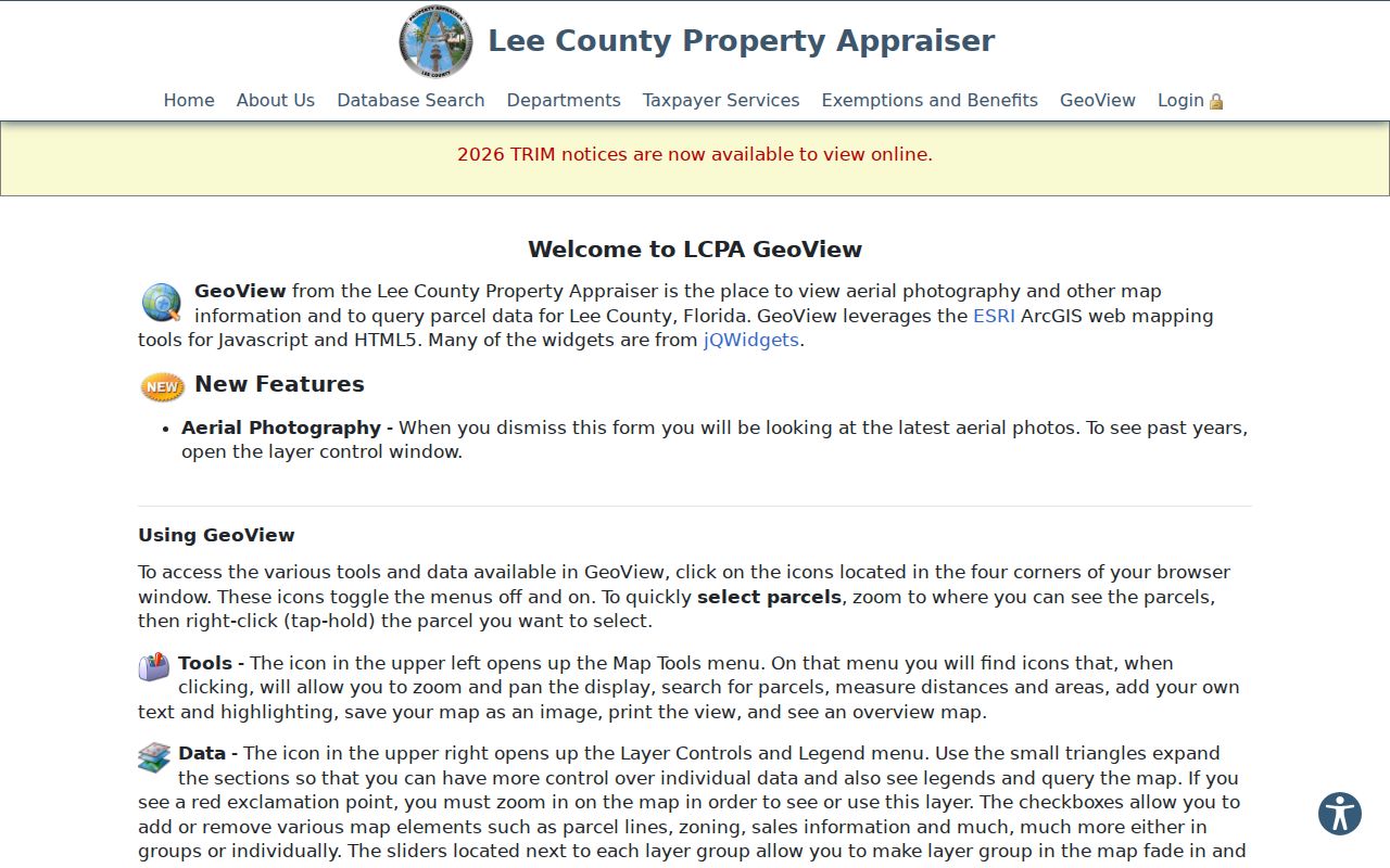 Lee Property Appraiser GeoView parcel search and layer instructions